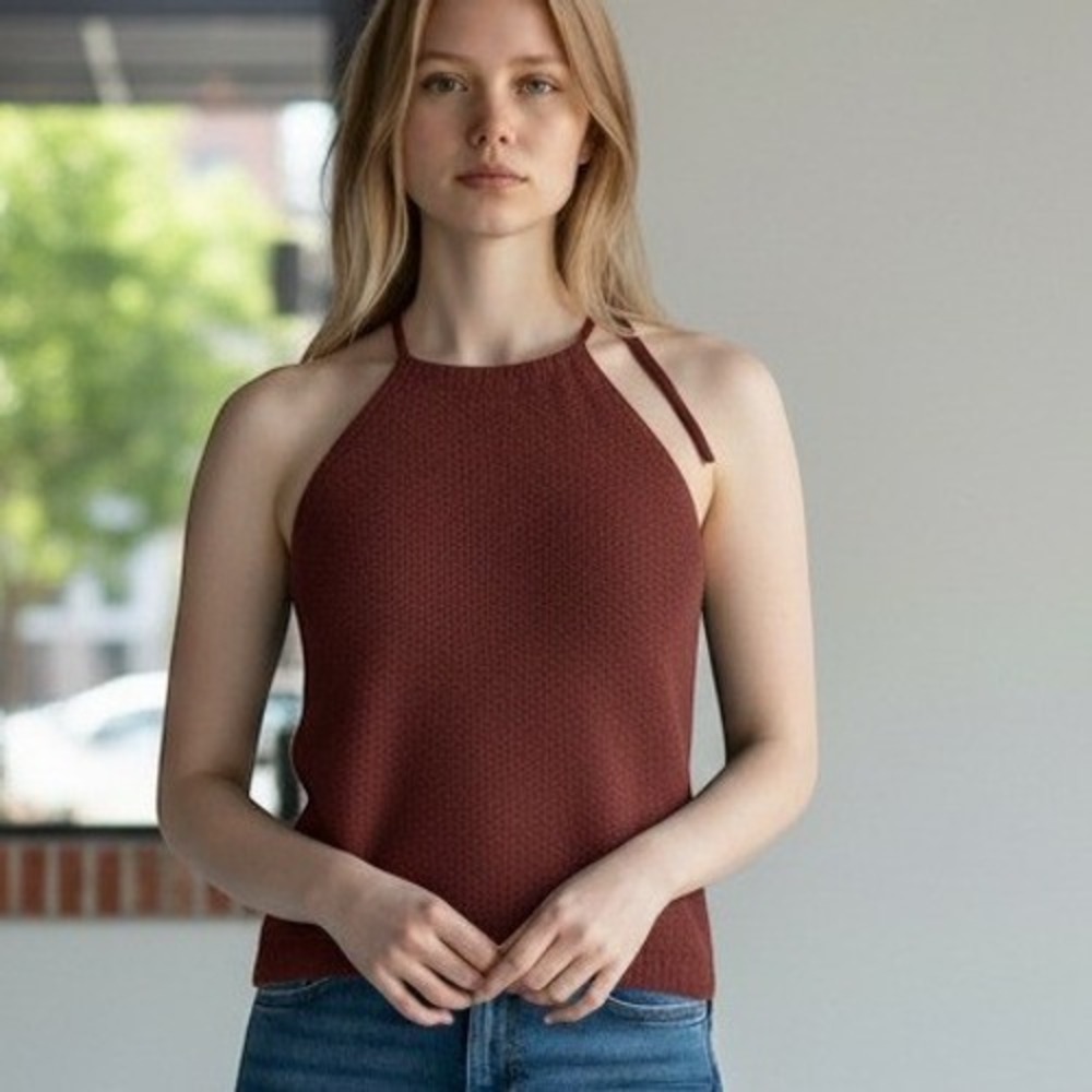 Gap Halter Neck Cotton Seed Stitch Sweater Tank Top Rust Brown Small Boho Knit